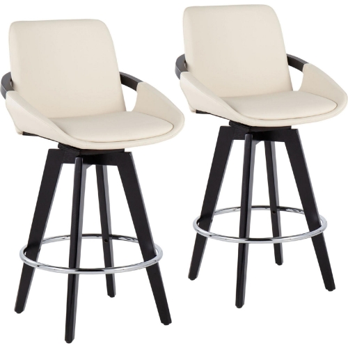 Cosmo 26" Swivel Counter Stool in Cream Leatherette, Black Wood & Chrome (Set of 2)